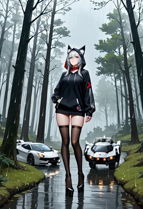 Dark Forest , Huge trees,  rain heavily  , best quality,  a black fox mecha with red eyes , silver-haired fox girls , she is on this mecha , hoodie open black , Skins rock schwarz,  black stockings, sporty high-heeled spot shoes , a collar with dogmark , a...