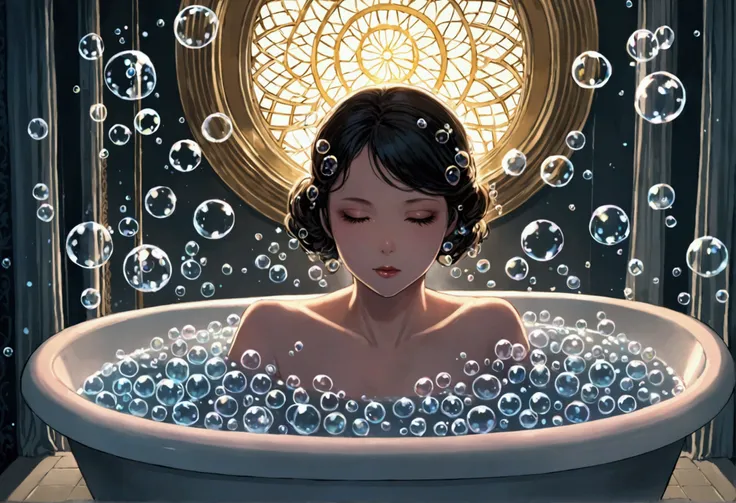 A beautiful woman with only her head and hands sticking out of a bathtub full of bubbles