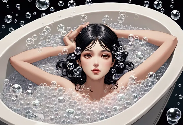 A beautiful woman with only her head and hands sticking out of a bathtub full of bubbles