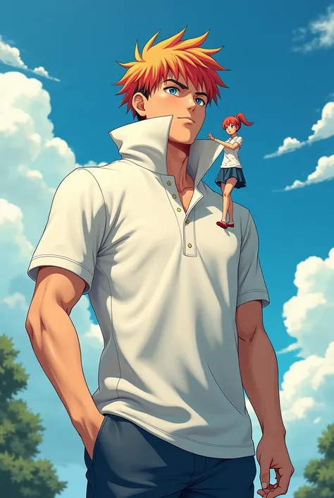 Anime Man wearing a Massive Popped Collar Polo with a collar so high its taller than his head his microscopic sized girlfriend holding on his Polo Collar