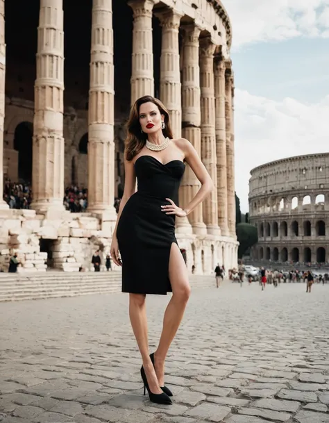 A woman like Angelina Jolie, in high heels in front of the Colloseum in Rom, a black and white photo by helmut newton, beautiful face, unsplash,red lipstick, she wears a black dress a pearl necklace and earrings, she is tall, one model in the frame, legs t...