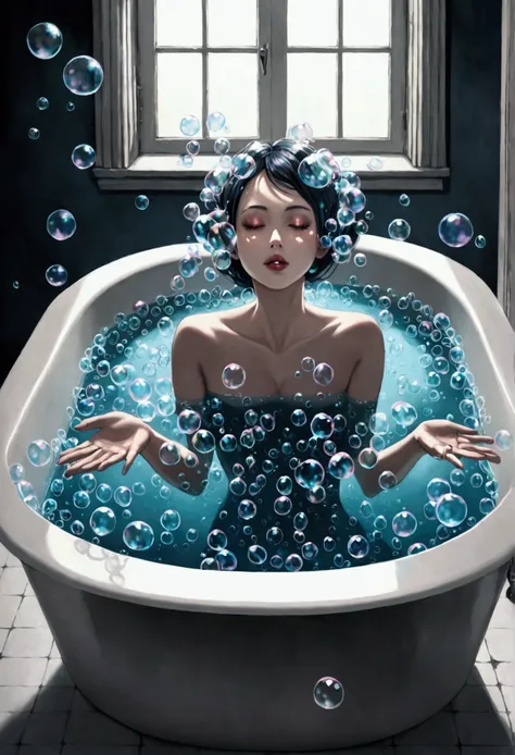 A beautiful woman with only her head and hands sticking out of a bathtub full of bubbles