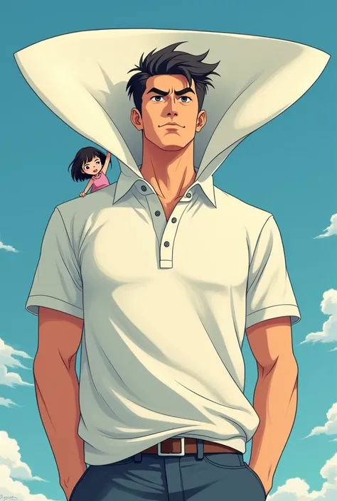 Anime Man wearing a Massive Popped Collar Polo with a collar so high its taller than his head his microscopic sized girlfriend gripping onto his Polo Collar