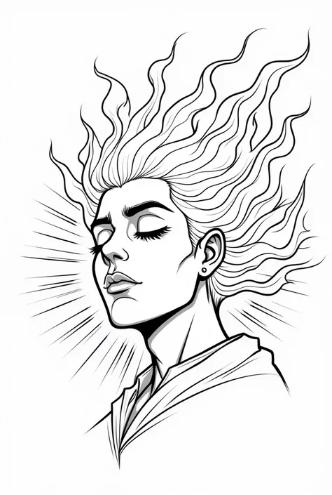 Personified Sun: Imagine the sun as a character or deity, with radiant flames for hair and a warm, glowing presence. Cartoon drawing, Line art, black and white, no background, detailed smoking sun. 