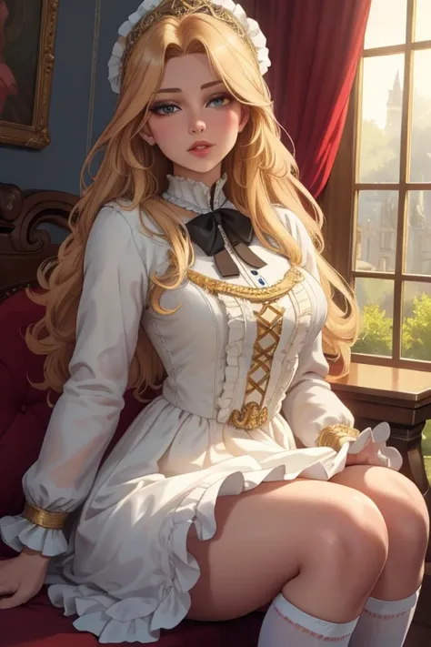 1girl, long curly golden blonde hair to waist, beautiful detailed eyes, beautiful detailed lips, extremely detailed eyes and face, long eyelashes, round face, petite bust, delicate features, angelic, 19th century aristocratic young lady attire, long knee-l...