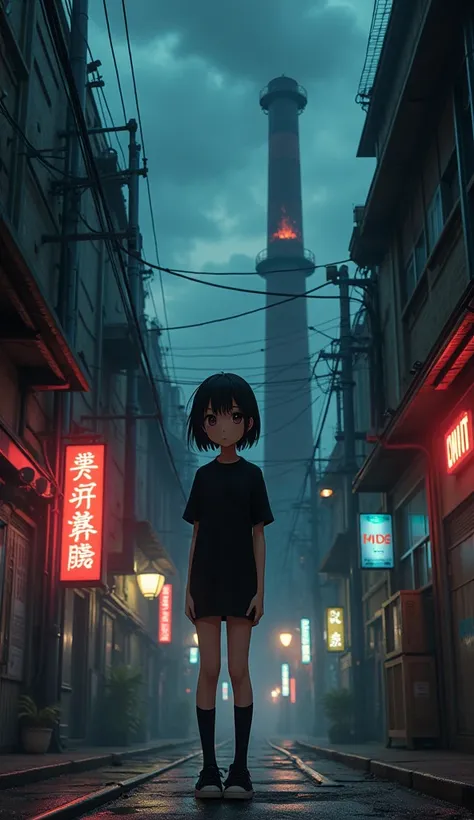 masterpiece, Best Quality, High resolution, Very detailed,(((Cute black haired girl))), (((Japanese Anime))), (((Black T-shirt))), (((mini skirt))), (((Black knee socks))), (((sneakers))), (((Looking up at the sky))), (((night))), (((Burning Factory))), ((...