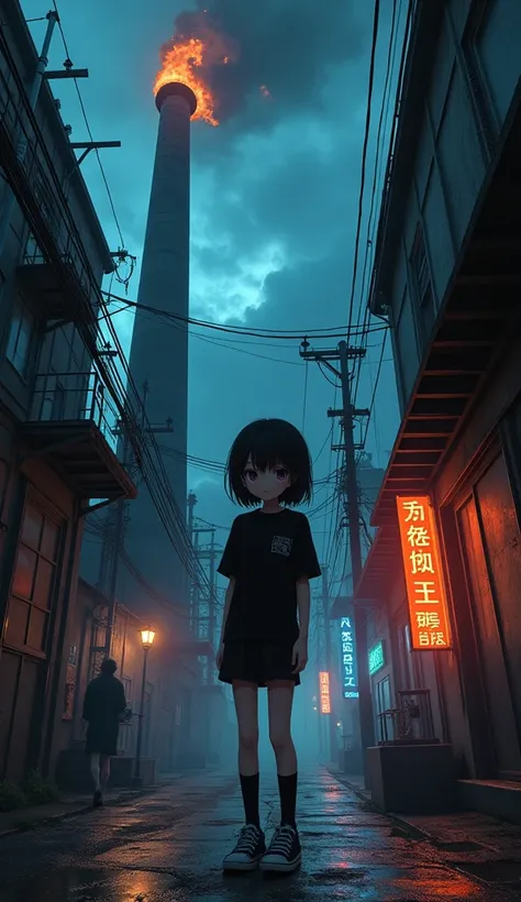 masterpiece, Best Quality, High resolution, Very detailed,(((Cute black haired girl))), (((Japanese Anime))), (((Black T-shirt))), (((mini skirt))), (((Black knee socks))), (((sneakers))), (((Looking up at the sky))), (((night))), (((Burning Factory))), ((...