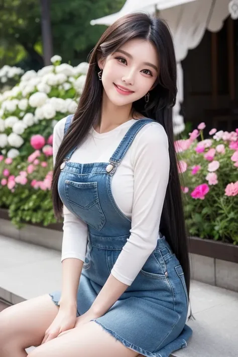 Beautiful woman with very long straight black-gray hair., Maximum resolution, , Big Breasts, Light blush, รอยsmileยั่วยวน, smile, modern, Wear cropped denim overalls with a skirt,The background is a sitting in a white pavilion with a variety of beautiful f...