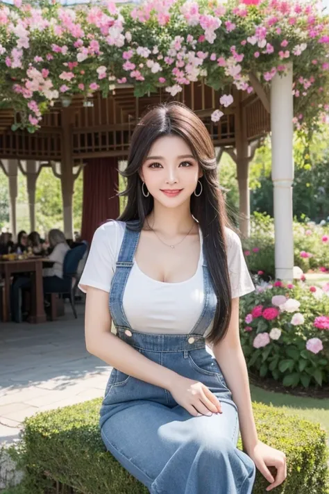 Beautiful woman with very long straight black-gray hair., Maximum resolution, , Big Breasts, Light blush, รอยsmileยั่วยวน, smile,Wear cropped denim overalls with a skirt,The background is a sitting in a white pavilion with a variety of beautiful flowers., 