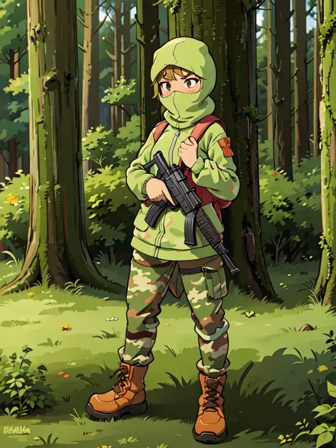 anime girl in camouflage jacket and balaclava with backpack and A girl with wearing a camouflage jacket, pants, and army boots, holding a submachine gun. Hides his face under a camouflage balaclava. Forest