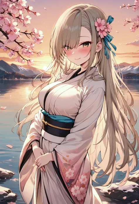 Asuna, masterpiece, Best Quality, detailed, (One girl), Alone, detailed golden eyes, Long Hair, standing, Close to the audience, (detailed kimono), A light smile, Medium Breast,  (Place your arms behind your back), water, sunset, (Hair Accessories), (Cherr...