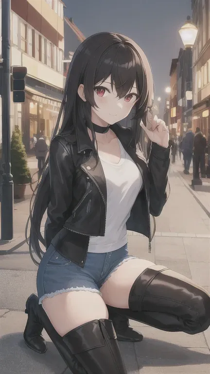 Best quality, ultra quality, 4K, beautiful view, best photo, 
1 girl, high, slim, long hair, Thin legs, Red eyes, the eye is covered by hair, black hair, White T-shirt, Leather Jacket, blue shorts, Cold evening, city, walk, wear, Thigh High Boots, medium h...