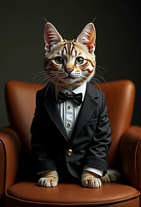 1 cat in tuxedo resembling a child, detailed fur, elegant pose, sitting on a chair, (best quality,4k,8k,highres,masterpiece:1.2),ultra-detailed,(realistic,photorealistic,photo-realistic:1.37),studio lighting,extreme detail description,professional,vivid co...