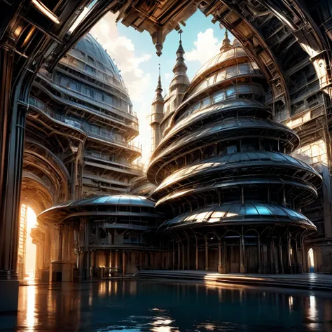 a detailed photo of an Ecovault, detailed architecture, industrial style, metallic materials, futuristic, intricate details, complex structure, reflective surfaces, dramatic shadows and lighting, high contrast, cinematic composition, photorealistic