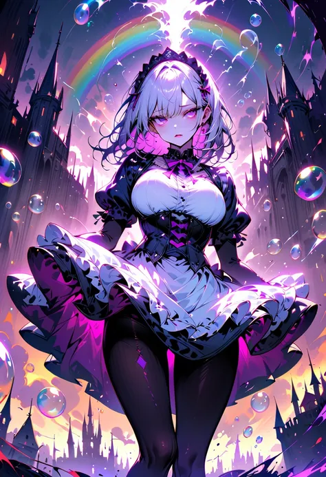 Young beautiful woman,(Best Quality,Extremely detailed depiction,Incredibly absurd high definition,Anatomically accurate,Beautiful legs,Porcelain-like skin),(Black and white gothic maid outfit,Maid Skirt,corset,Black tights),eyelash,(Silver Hair,Purple Eye...