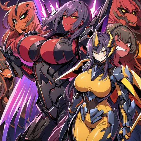 anime, high detailed, multiple womans, mature womans, dark ebony mecha armor, large mechanical wings, evil grin, large clawed ga...