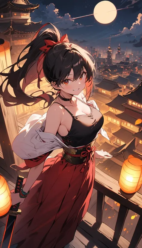 Beauty　smile　ponytail　Reckless attitude　Evil look　tits　warrior　samurai　Hold the sword　Neon city at night　Japanese Castle　rooftop　Photograph the whole body