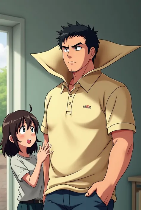 Anime Man wearing a Massive Popped Collar Polo with a collar so high its taller than his head scaring his girlfriend from the Polo Collars Size