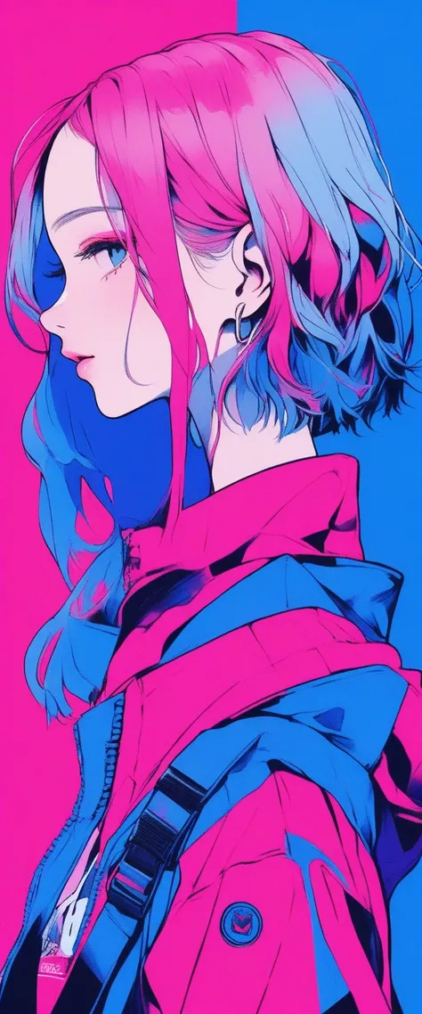 Illustrator, anime , Realistic ,sketch , 1 girl,profile,Upward,lip, t-shirt,order,Textured Trim, (masterpiece,Please redeem) Blue background, Neon Hair,Textured Trim, Canada, (masterpiece,Please redeem) cancer