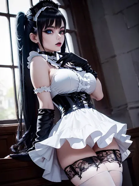  A gothic punk goth girl, perfect face, beautiful Asian woman with long White hair in White curls and coils, very cute and           beautiful girl, (highly detailed beautiful face), high detailed fingers, (Red Gothic Maid dress and black corset with detai...