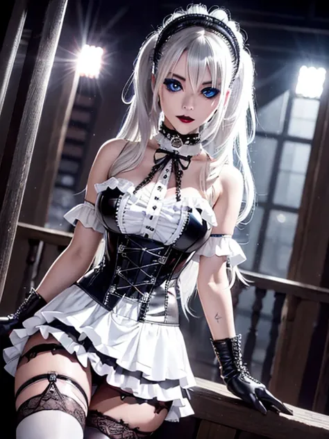  A gothic punk goth girl, perfect face, beautiful Asian woman with long White hair in White curls and coils, very cute and           beautiful girl, (highly detailed beautiful face), high detailed fingers, (Red Gothic Maid dress and black corset with detai...