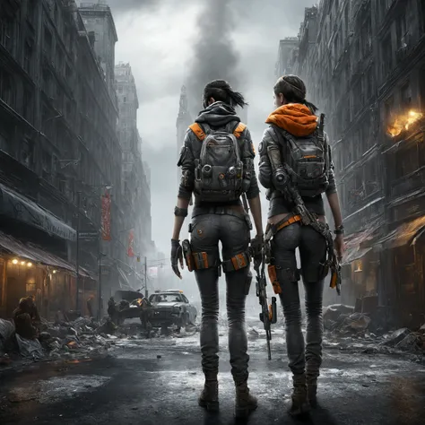 two women de face, standing on there feets in front of us, Regardant le spectateur, Résolution Haute, Seins, Bijoux, sexualized, lesbian, Tom Clancys The division video game univers, vêtement, noir, gris, gris clair, gris foncé, nuances de gris , Décor dar...