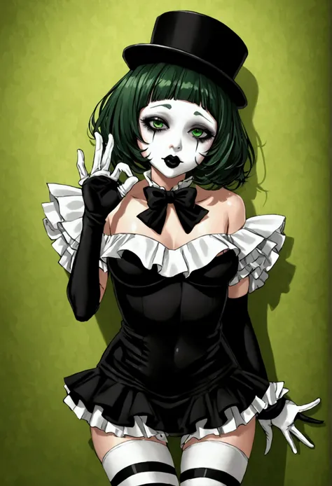 Mime girl, black hair, green eyes, mime makeup, Black Lipstick, eyelash, mime gloves, short clothes, small hat, ecchi, nsfw, mimic girl, sexy pose.