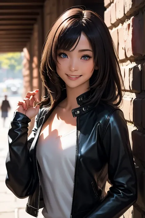 Highest quality　High resolution　Simple　Remainsの様なDungeons　RemainsDungeons　Long bangs　Adult female　Adventurer Girl　Loose expression　cute　smile　Leather jacket　Beautiful Eyes　One Woman　Long side hair　Very black hair　Shiny long hair　Straight hair　Ahoge　Wide sl...