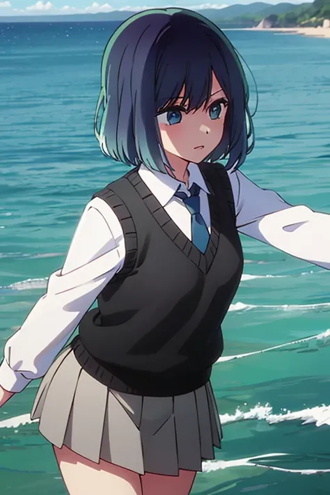 Slim body、Small Tits、Hair is medium bob、Blue Hair、Blue tie、Man has his eyes open、Dark grey skirt、Black school knit vest、White Shirt、Falling in the sea