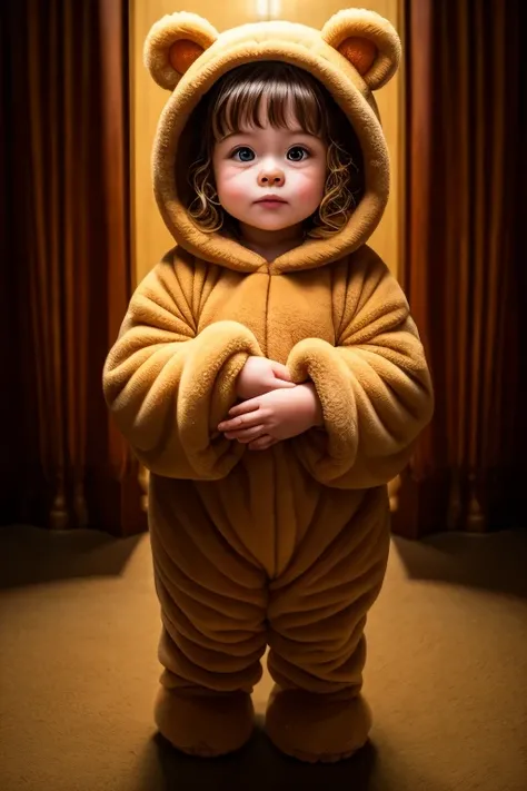 A cute child wearing a fluffy bear costume, standing confidently. The costume is oversized, with rounded ears and a soft, cozy texture. The child stands straight with their arms slightly bent at their sides, showing a playful and innocent expression on the...