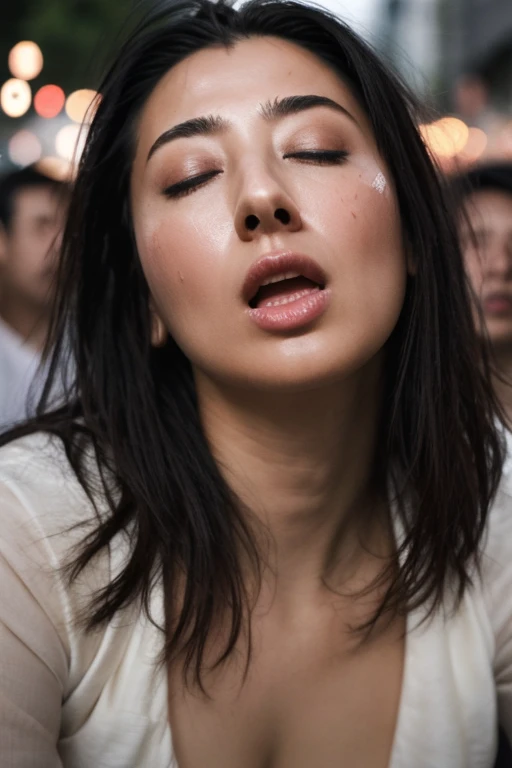 flying debris,award-winning photo, very detailed, edge orgasm, woman with open mouth and closed eyes , sweaty, glowing skin、ligh...