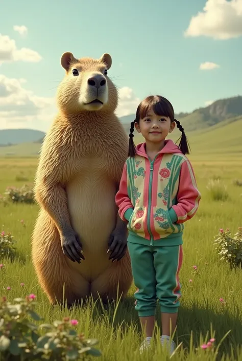 (Masterpiece, BestQuality),A capybara wearing a tracksuit and an teenage girl wearing a tracksuit. Grassland.