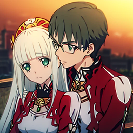 1 boy with black hair, Red jacket and glasses romantically kissing a girl in a red and white dress Long light green hair and green eyes, bright city at night in the background., True love, blushing cheeks, high quality, Lailah from tales of Zestiria 