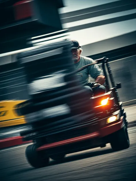 forklift and old man
 , ( soft focus , shallow focus , dim light) , tail slide blur , drift , cardrifting , tail light blur