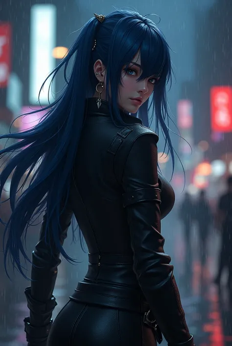 High Resolution, Long wavy hair, Black hair night,1 piercing métallique oreille, Detailed steel gray eyes, Background blur, 1 pretty woman, big, Closed leather outfit,  assassin, Fine details, Work of art,anime style Highlighted Hair, Midnight Blue Hair Hi...