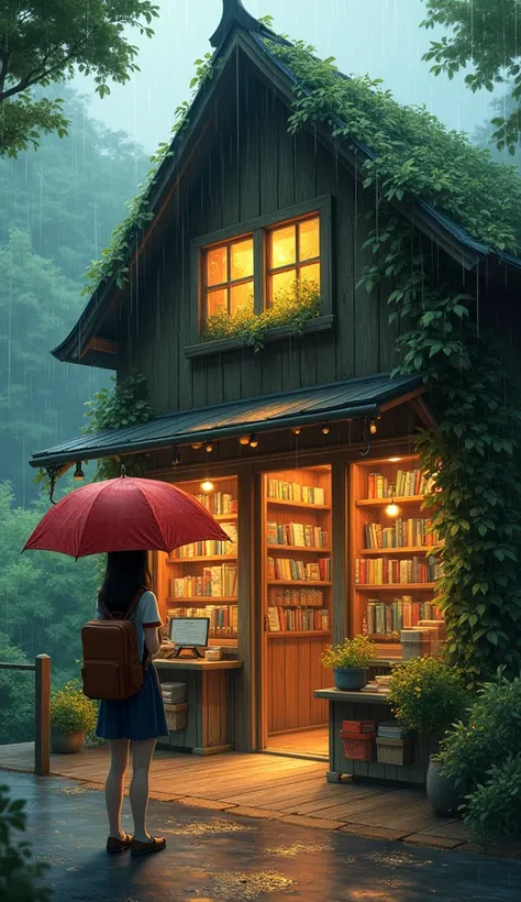 The image depicts a charming, rustic bookstore set in a serene, rain-soaked environment. The bookstore is surrounded by greenery, and the light rain is gently falling, creating reflective puddles on the ground. The bookstore itself appears quaint and invit...