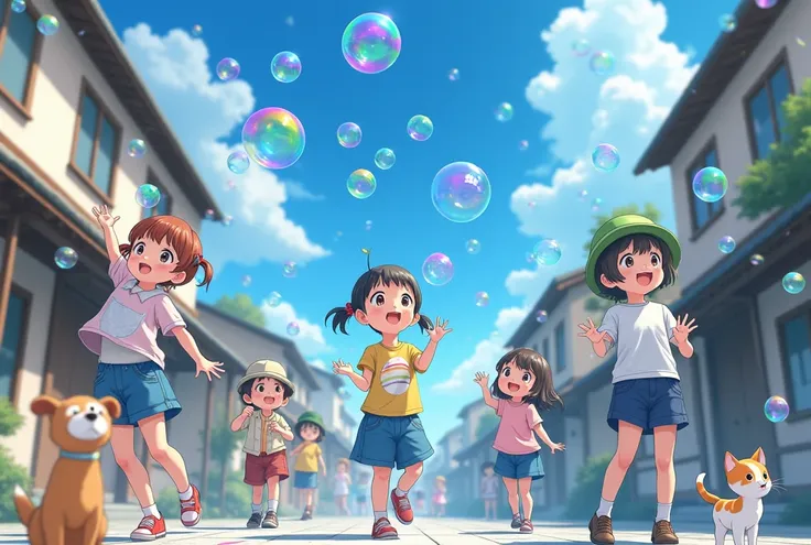 Children blow lots of soap bubbles、smile、Real Image、live-action、In front of the town house、blue sky、puppy、kitten、Japanese anime style
