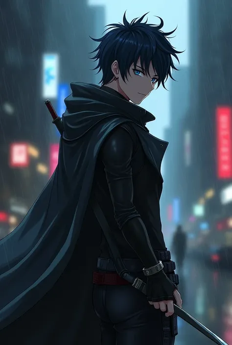 High Resolution, Black hair night,1 piercing métallique oreille, Detailed steel gray eyes, Background blur, 1 handsome boy, Grand, mince, muscular Closed leather outfit,  assassin, Fine details, Work of art,anime style Highlighted Hair, Midnight Blue Hair ...