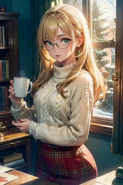 ((masterpiece,High resolution,8K quality,Best Quality)),1 Female,((Highly detailed face)),Delicate eyes,((Glasses,Green eyes)),((Hairstyle on:Long hair with stiff waves,Blonde)),Lens Flare,Dramatic Makeup,Natural Skin Tone,Small Christmas Tree,White knitwe...