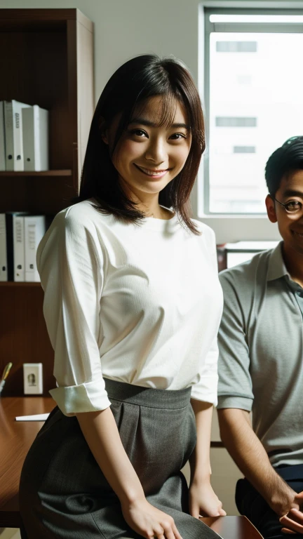 They are two people in the room, one is a woman and the other is a man, in the office, high definition, Ikuo Hirayama, Yoshitomo Nara, on the desk, Tadashi Nakayama, smiling, beautiful face,