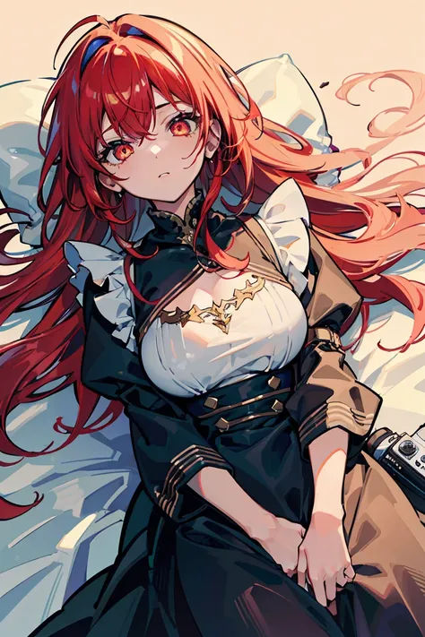 ((1 girl)), Unruly hair ends,Maid ,Sleep on your back, Hairbands, middle ages, grassland, ((Camera work from above)),((Very detailed,High resolution, 8K wallpaper, Beautiful clothes,)),((Red Hair, Long Hair,Messy Hair)), Blowing in the Wind, Eyeshadow, Eye...