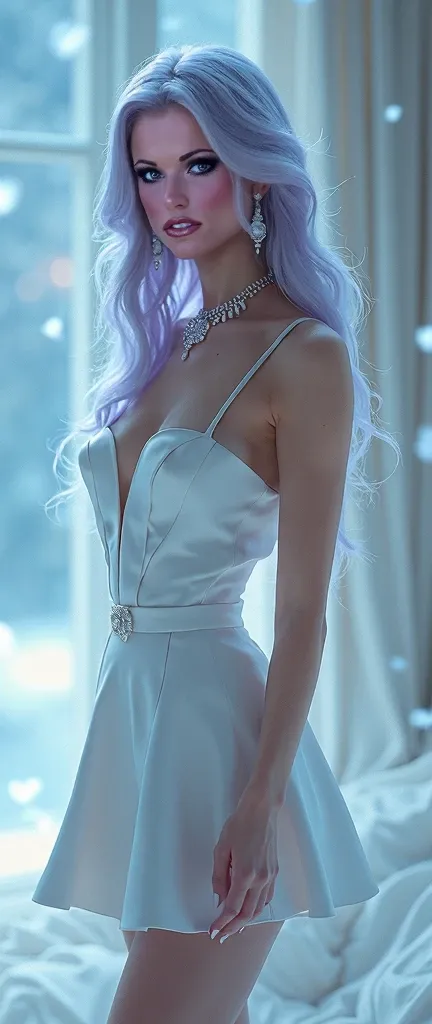 A captivating woman with silvery lavender hair cascading in soft waves, her icy blue eyes glinting with mystery, and delicate icy pink lips shaped into a subtle, alluring smile. Wearing a glamorous, form-fitting short feminine flare dress in winter white, ...