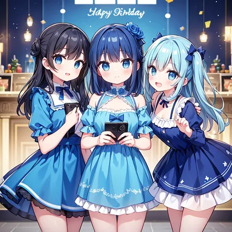 A group of girls in blue dresses taking pictures, happy birthday