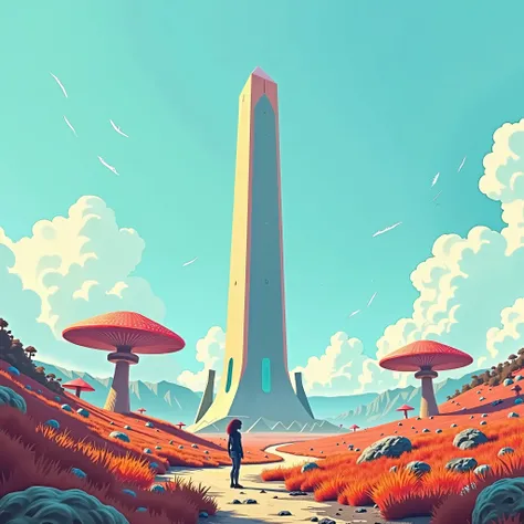 Hilly, spacious terrain, little clouds, day, dalena with a view of the obelisk in the form of a male penis. high quality. bright colors of grasses and giant mushrooms. Fiction. cyberpunk building. hyperrealistic.