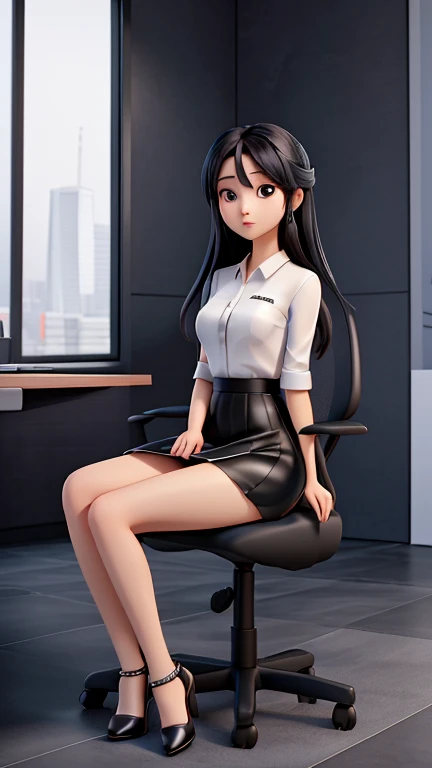 Sitting on chair in black dress, Korean female fashion model, transparent gray skirt, mesh shirt, chrome clothes, shiny silver, lucky I look, big breasts, best quality, masterpiece, super high resolution, realistic,