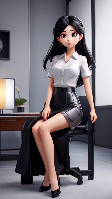 Sitting on chair in black dress, Korean female fashion model, transparent gray skirt, mesh shirt, chrome clothes, shiny silver, lucky I look, big breasts, best quality, masterpiece, super high resolution, realistic,