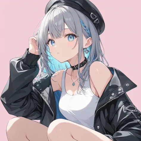 Anime Style,pastel,One Woman,Wear a hat,Gray Hair,Cutting your hair,blue eyes,Shining Eyes,緑にShining Eyesのハイライト,Punk rock outfits like Sapphire,White tank top,blackドロップショルダー,Leather Jacket,black,squat,Place your elbows on your knees,Place on chin,ドヤ顔 One W...