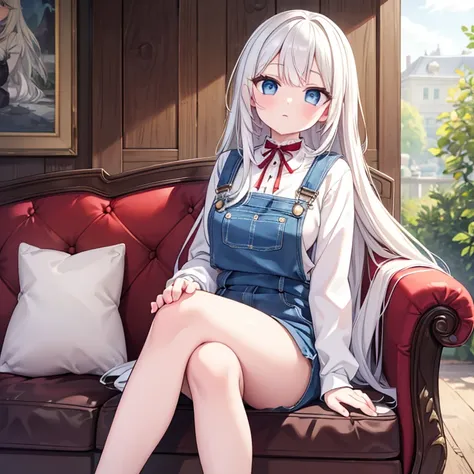 +masterpiece, Best Quality, Super detailed, Female student, Beautiful Face, Rich details, (Long white hair), Perfect Face, Overalls, Sitting, close, A worn out, long sofa,Sitting cross-legged,Hut