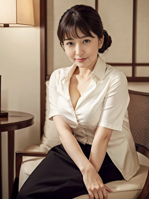 1 Japanese mature woman, detailed drawn eyes, detailed and beautifully hung face, cleavage, updo, bangs, business shirt, beautiful thighs visible through tight skirt, sitting on hotel chair, looking at the photographer, masterpiece, highest quality, ultra ...