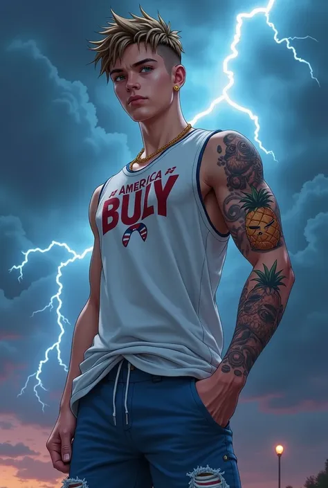 A captivating, hyper-realistic illustration anime style, of a young and determined male character, with short hair, shaved on the sides, light brown, has gold earrings, a white sleeveless t-shirt, with a logo of the face of an American-Bully on the chest, ...